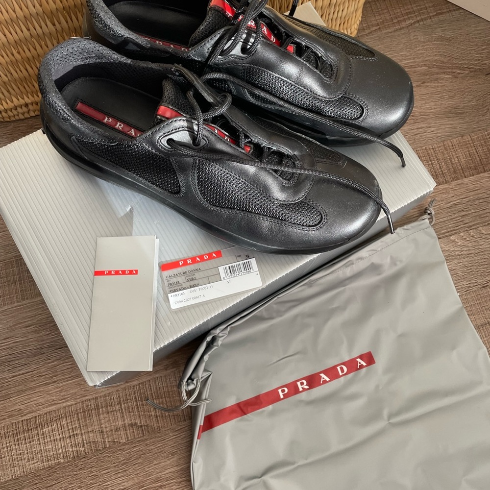 Prada Black Sneakers with Red Logo Stripe - Picture 3 of 5